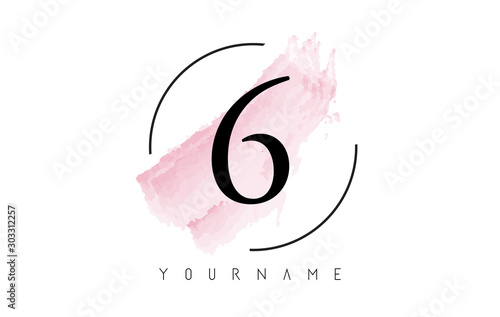 Number 6 Watercolor Stroke Logo Design with Circular Brush Pattern.