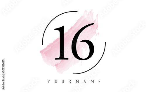Number 16 Watercolor Stroke Logo Design with Circular Brush Pattern.