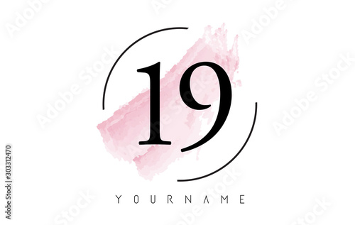 Number 19 Watercolor Stroke Logo Design with Circular Brush Pattern.