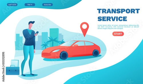 Man rent car by smartphone, automobile share, businessman order ride, carsharing service template, mobile app, transport sharing concept, flat vector, turquoise, red color, landing page, ui design