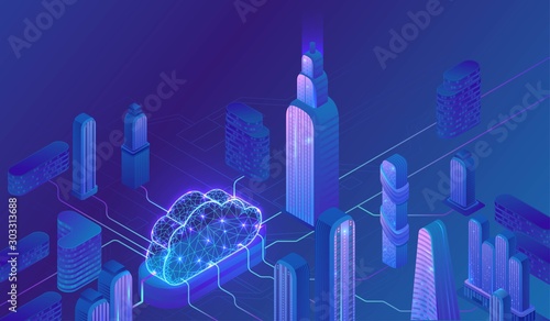 Cloud computing concept, server, smartphone, modem, tablet connected in neural network, isometric vector technolodgy background, modern blue design