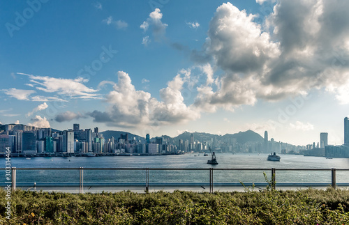 Canvas Print Panoramic View of Hong Kong from Kai Tak with Afternoon Sun and Blue Sky