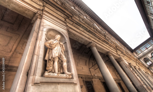 Panoramic View of the Uffizi Gallery with Michelangelo Statue, Florence, Italy photo