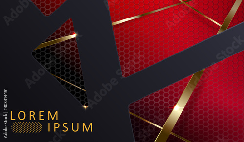 Geometric background with overlapping dark abstract polygonal shapes and gold stripes.