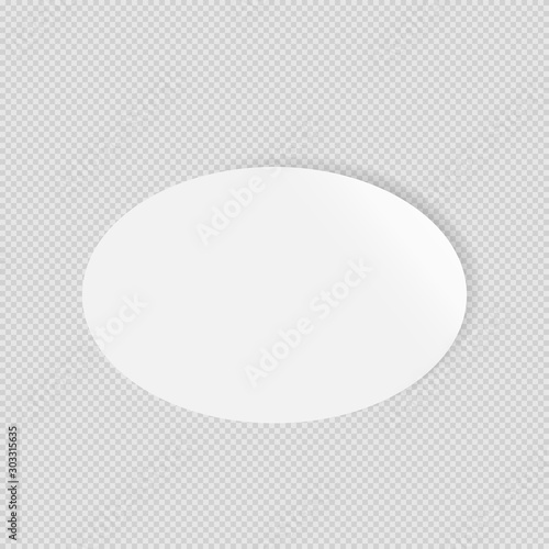 Vector illustration of rounded sticker. Empty white oval sticker template isolated on transparent background. It can be used as a mock up or design element for your own projects.
