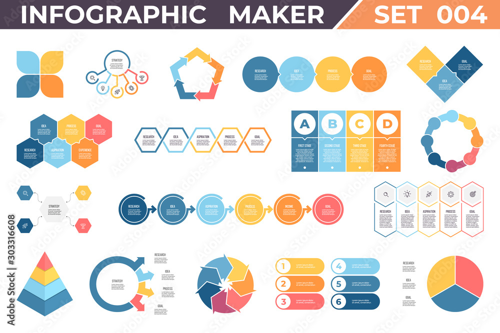 Business infographics. Diagrams, charts with 3, 4, 5, 6, 7 parts, options. Vector templates. Business infographics. Diagrams, charts with 3, 4, 5, 6, 7 parts, options. Vector templates.
