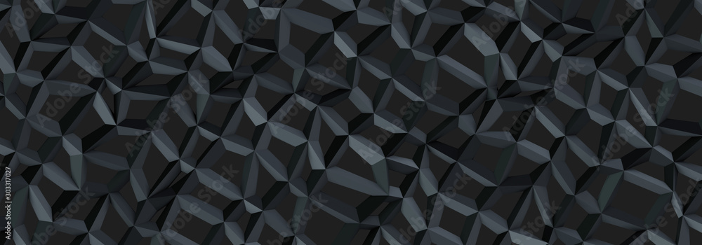 Fototapeta premium 3d ILLUSTRATION, of black abstract crystal background, triangular texture, wide panoramic for wallpaper, 3d futuristic black background low poly design