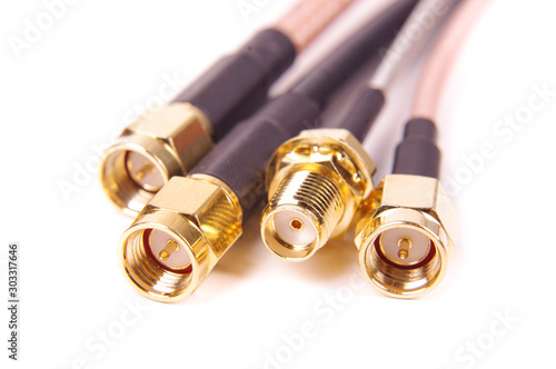 Obraz na plátně Various coaxial cables SMA connectors close up