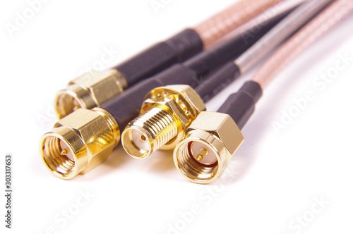 Various coaxial cables SMA connectors close up