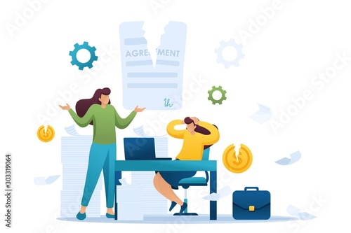 Termination of the contract, broke the agreement partners, business lady in shock. Flat 2D character. Concept for web design