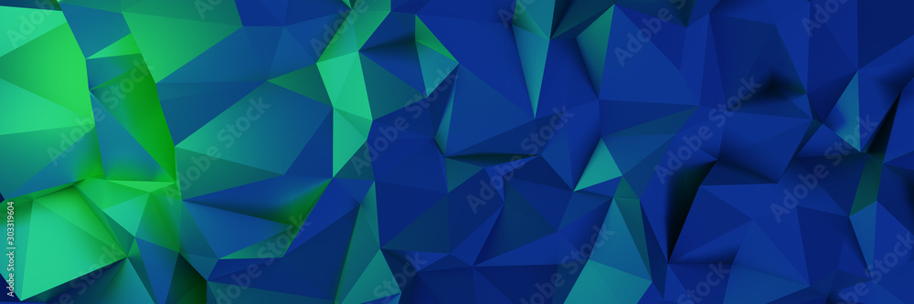 Naklejka 3d ILLUSTRATION, of blue abstract crystal background, triangular texture, wide panoramic for wallpaper, 3d futuristic blue background low poly design