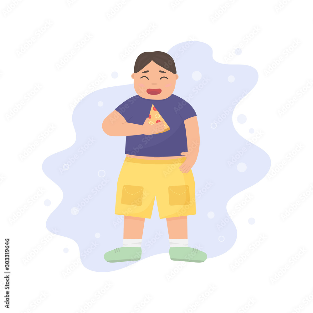Fat boy eating pizza. The concept of obesity in children. Fat kid. Vector illustration. Fat boy eating pizza. The concept of obesity in children. Fat kid. Vector illustration.