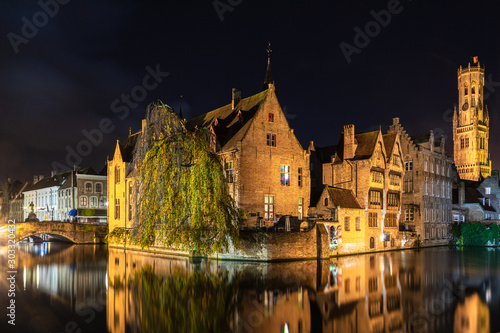 Night cityscape of Bruges, Belgium
