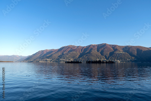 Alpine lake Maggiore with mountains in Locarno, Ticino Canton, Switzerland