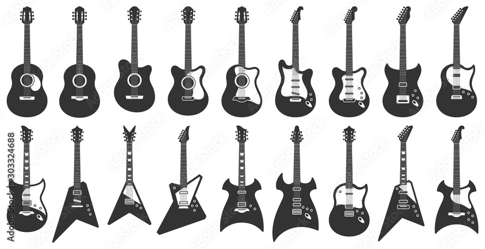 Vektorová grafika „Black and white guitars. Acoustic strings music  instruments, electric rock guitar silhouette and stencil guitars. Musician  equipment, heavy metal concert guitar. Isolated icons vector set“ ze služby  Stock | Adobe