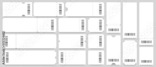 Ticket or coupon template. Empty white tickets mockup, vintage coupons with barcode. Discount voucher card blank, cinema or party invitation entry flyer ticket layout. Isolated vector icons set
