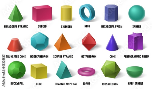 Realistic 3D color basic shapes. Solid colored geometric forms, cylinder and colorful cube shape. Maths geometrical figure form, realistic shapes model. Isolated vector illustration icons set