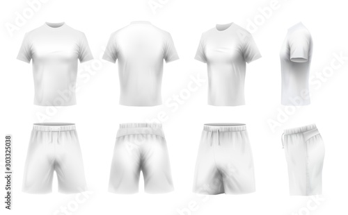 Realistic t-shirt and shorts mockup. White t-shirts template, sport uniform clothes. Boy football uniform clothing, shorts outfit, sportswear 3d isolated vector icons set