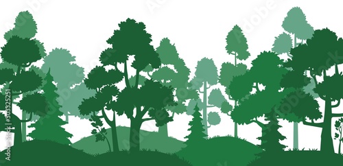 Forest trees silhouette. Nature landscape  green park alley and tree silhouettes. Wood pines  forests land evergreen herb trees or hills oak travel card vector illustration