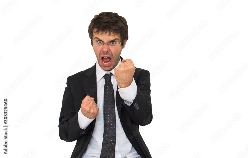 Stressed business man isolated on white background. Man with suit and tie. Concept of stress into business economy world Stressed business man isolated on white background. Man with suit and tie. Concept of stress into business economy world