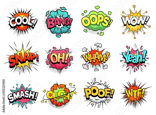 Comic sign clouds. Boom bang, wow and cool speech bubbles. Burst cloud expressions, comics mems humor dialogue bubbles or superheroes speak explode. Isolated cartoon vector signs set photo