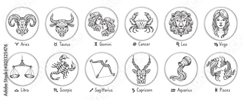 Zodiac signs. Sketch Cancer, Scorpio and Pisces. Hand drawn Taurus, Virgo and Capricorn. Aries, Leo and Sagittarius. Gemini, Libra and Aquarius horoscope. Isolated vector symbols illustrations photo