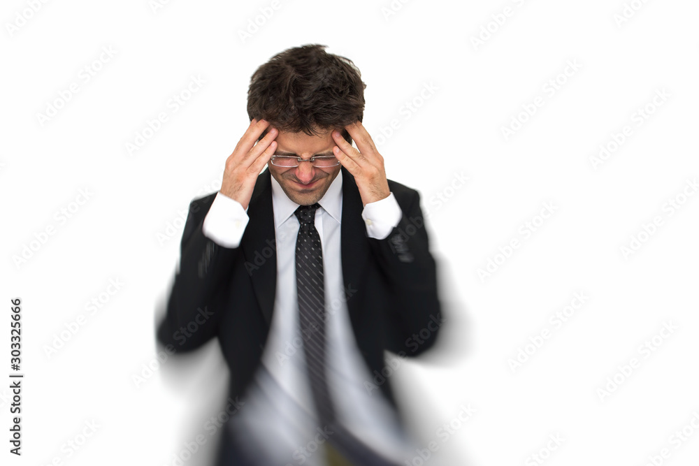 Stressed business man isolated on white background. Man with suit and tie. Concept of stress into business economy world Stressed business man isolated on white background. Man with suit and tie. Concept of stress into business economy world