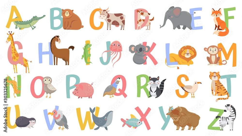 Fototapeta premium Alfabet zwierząt kreskówek dla dzieci. Dowiedz się litery z zabawnym zwierzęciem, zoo ABC i alfabetem angielskim dla dzieci. Alfabetycznie znaki zwierząt. Zestaw ilustracji na białym tle wektor ikony