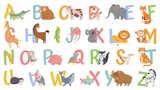 Cartoon animals alphabet for kids. Learn letters with funny animal, zoo ABC and english alphabet for kids. Alphabetically animals characters. Isolated vector icons illustration set
