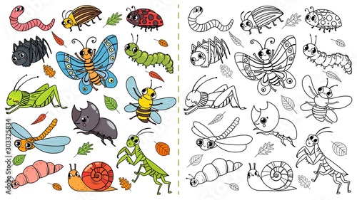 Cartoon insects color painting game. Draw cute insect with kids, funny bug, worm and caterpillar. Children education beetle insects coloring painting book vector illustration