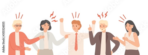 Misunderstandings in team. Nervous office workers are arguing, teamwork communication problems and teamwork anxiety. Angry unhappy person solution problem finding talk isolated vector illustration