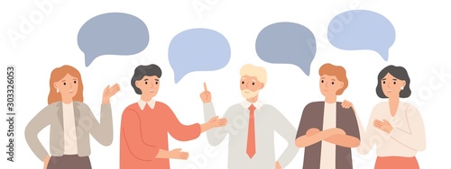 Thinking team. Teamwork communication, office workers communicate and discuss project. Group chat, group talk together. Brainstorming talking business meeting isolated vector illustration