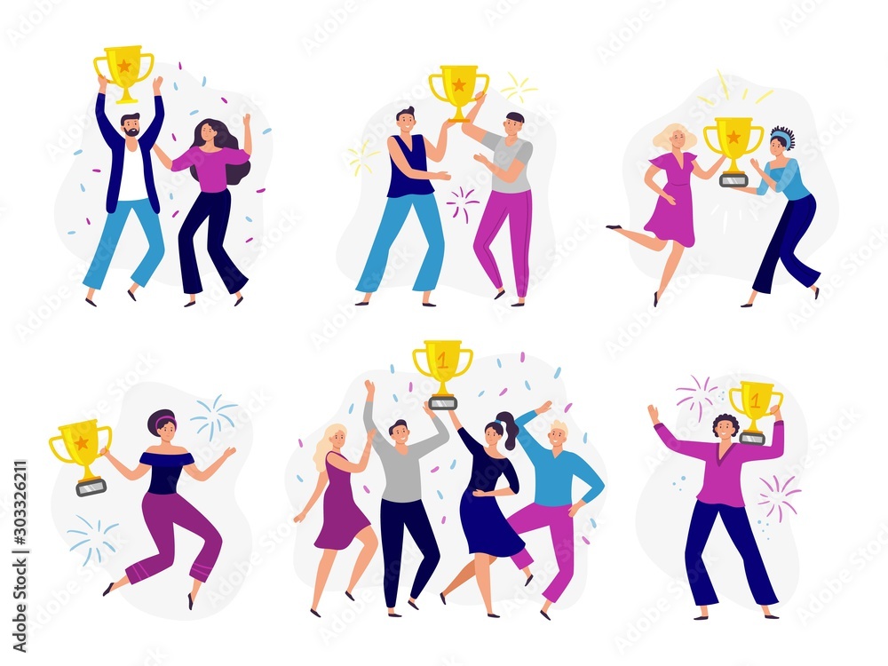 People win cup. Couple winners, man and woman holding gold cup. Success business tram win prize and celebrating victory. Businessman character progress. Isolated vector illustration icons set