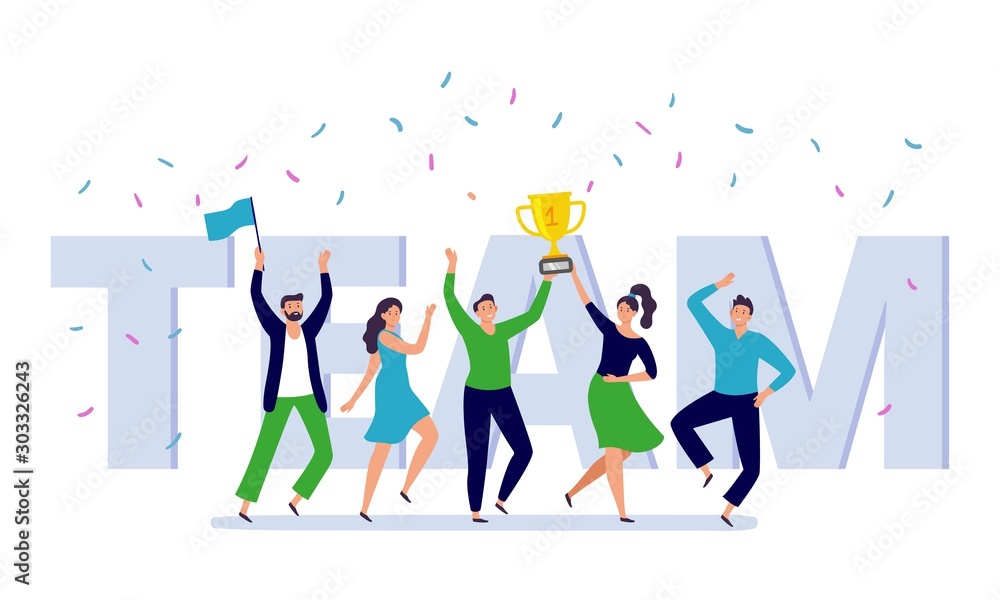 Team of corporate people celebration. Happy office workers celebrate win golden cup, teamwork trophy and success persons. Businessman celebration festival party flat vector illustration - obrazy, fototapety, plakaty 