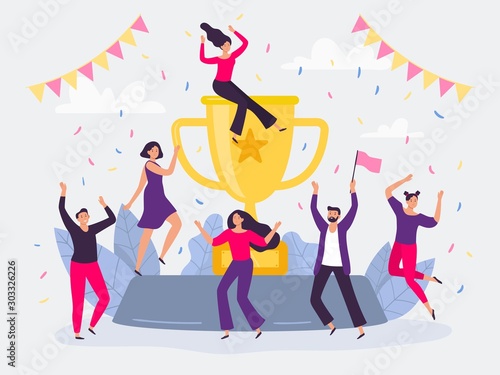 Winners team. Happy people win golden cup, successful champions dancing and celebrating victory. Corporative winning award trophy, success team or teamwork wins flat vector illustration