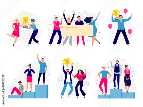 Winners people. Happy couple win gold cup, office workers team win cash check and successful winner standing on podium. Teamwork employee reward. Flat isolated vector illustration icons set