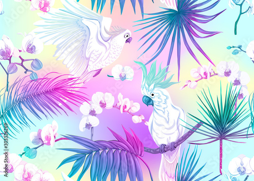 Seamless pattern  background with tropical plants  flowers and birds. Colored vector illustration in neon  fluorescent colors. In light ultra violet pastel colors on mesh pink  blue background
