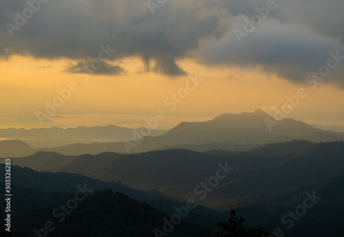 Natural scenery in the morning  mountains and fog with beautiful light.