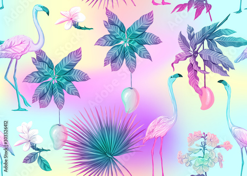 Seamless pattern, background with tropical plants, flowers and birds. Colored vector illustration in neon, fluorescent colors. In light ultra violet pastel colors on mesh pink, blue background