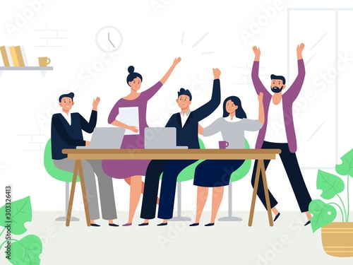 Excited office workers team. Successful managers, happy professional work group and colleagues rejoicing together. Teamwork, businesspeople corporate working flat vector illustration