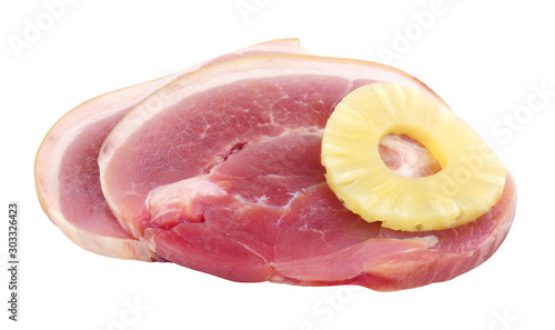 Two raw smoked horseshoe gammon steaks isolated on a white background