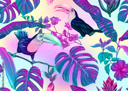 Seamless pattern, background with tropical plants, flowers and birds. Colored vector illustration in neon, fluorescent colors. In light ultra violet pastel colors on mesh pink, blue background