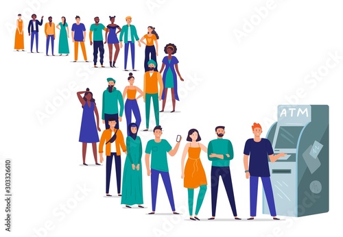 Line to ATM. People stand in queue, crowd waiting in line to withdraw money from bank card using ATM machine. Banking payment queueing, character wait for terminal transaction flat vector illustration