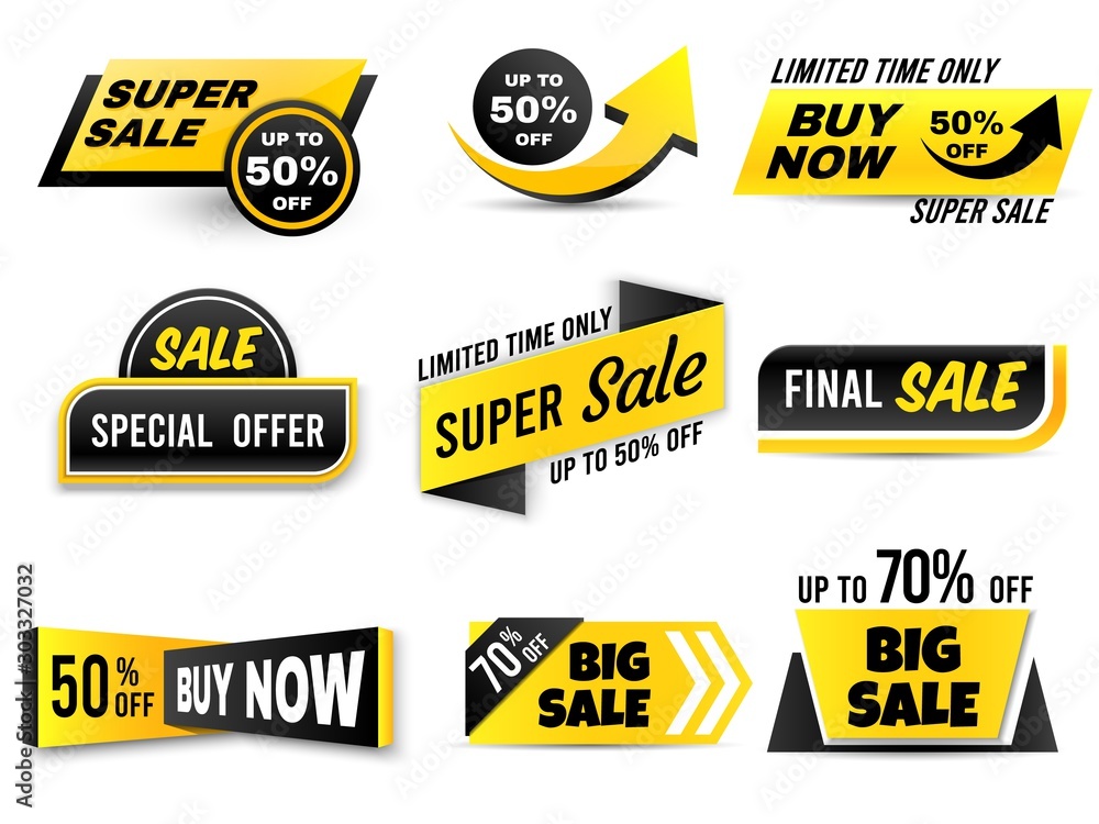 Sale banners. Special offer banner, low price tags and super sale badges. Shopping sales offer sticker, promotion flyer coupon or retail promotional label. Isolated vector icons set