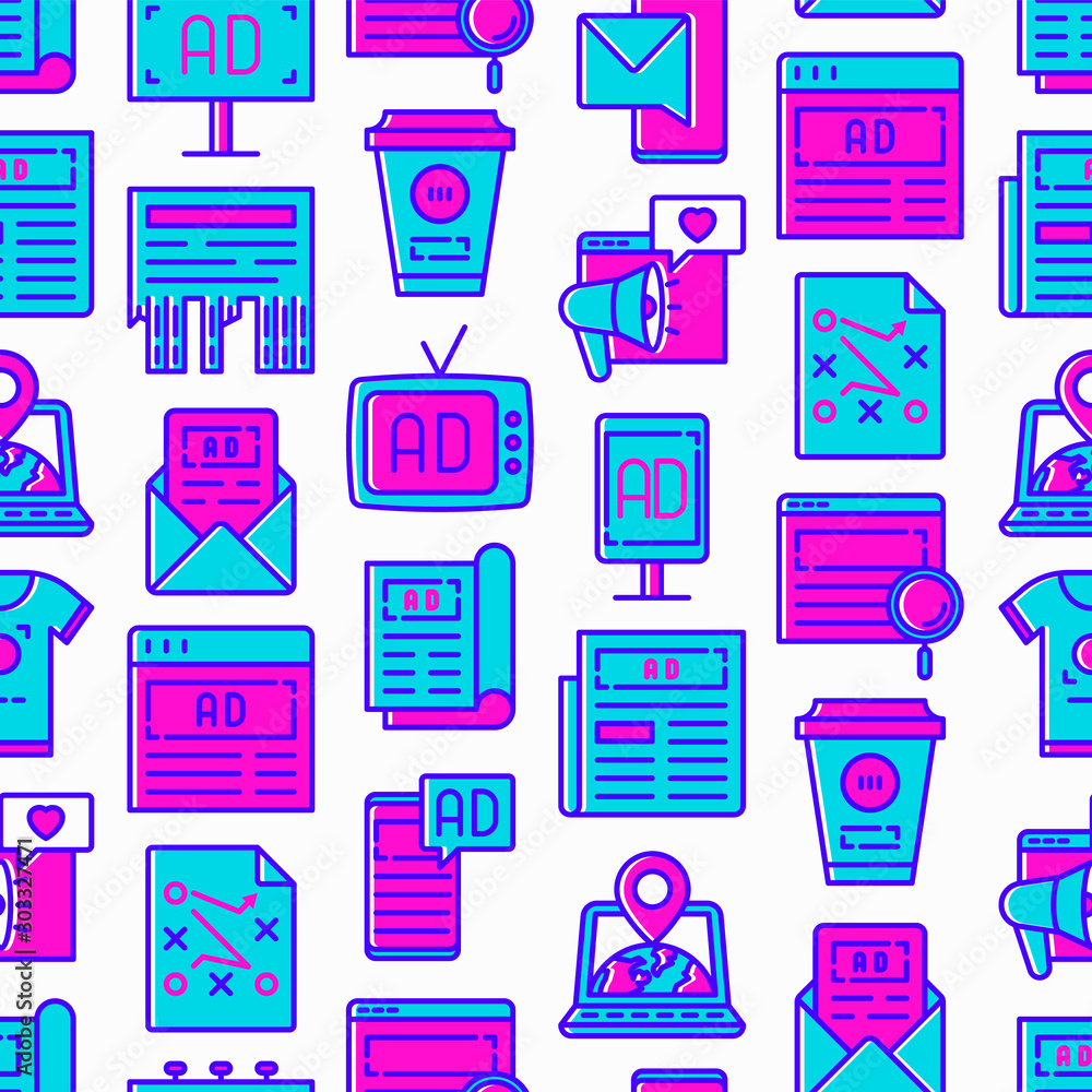 Φωτογραφία Advertising seamless pattern with thin line icons: billboard, street ads, newspaper, magazine, product promotion, email, GEO targeting, social media, strategy, custom shirt
