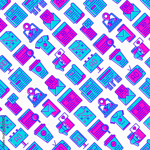 Advertising seamless pattern with thin line icons: billboard, street ads, newspaper, magazine, product promotion, email, GEO targeting, social media, strategy, custom shirt. Vector illustration.