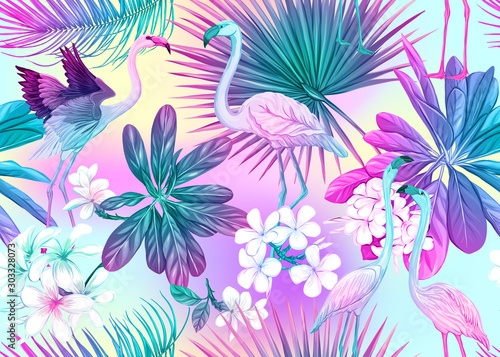 Seamless pattern, background with tropical plants, flowers and birds. Colored vector illustration in neon, fluorescent colors. In light ultra violet pastel colors on mesh pink, blue background