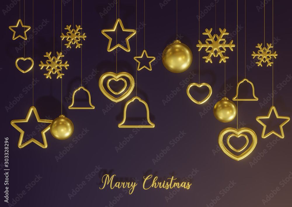 Merry Christmas background with shining gold and gold ornaments. christmas holiday new year concept 3d rendering