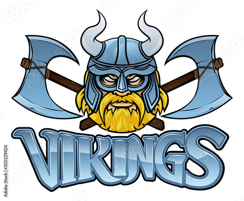 Viking in helmet sports mascot and crossed pair of axes graphic illustration
