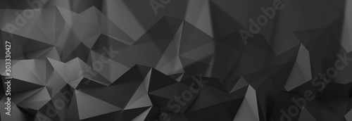 3d ILLUSTRATION, of black abstract crystal background, triangular texture, wide panoramic for wallpaper, 3d black background low poly design